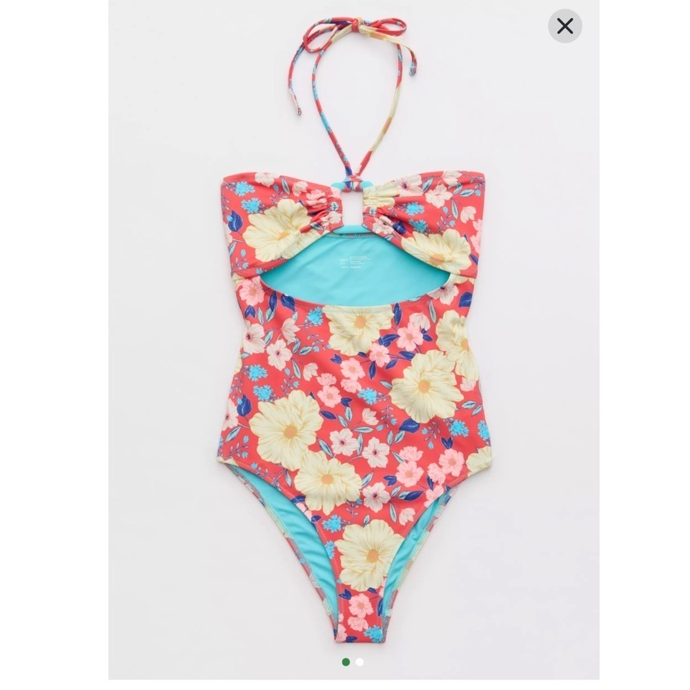 Aerie Bandeau Ring Floral Resort Red One Piece Swimsuit Size Large NEW